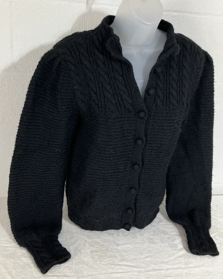 Vtg 80s Brooks Brothers S Black Wool Bobble Popcorn Cable Knit Cardigan Sweater - Image 4 of 4