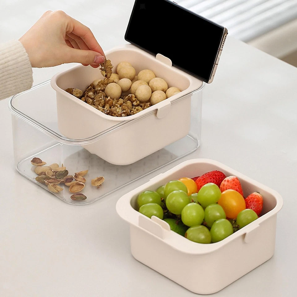 Snack Tray Dry Fruit Container Double Layer Drain Design with Phone Holder Snack