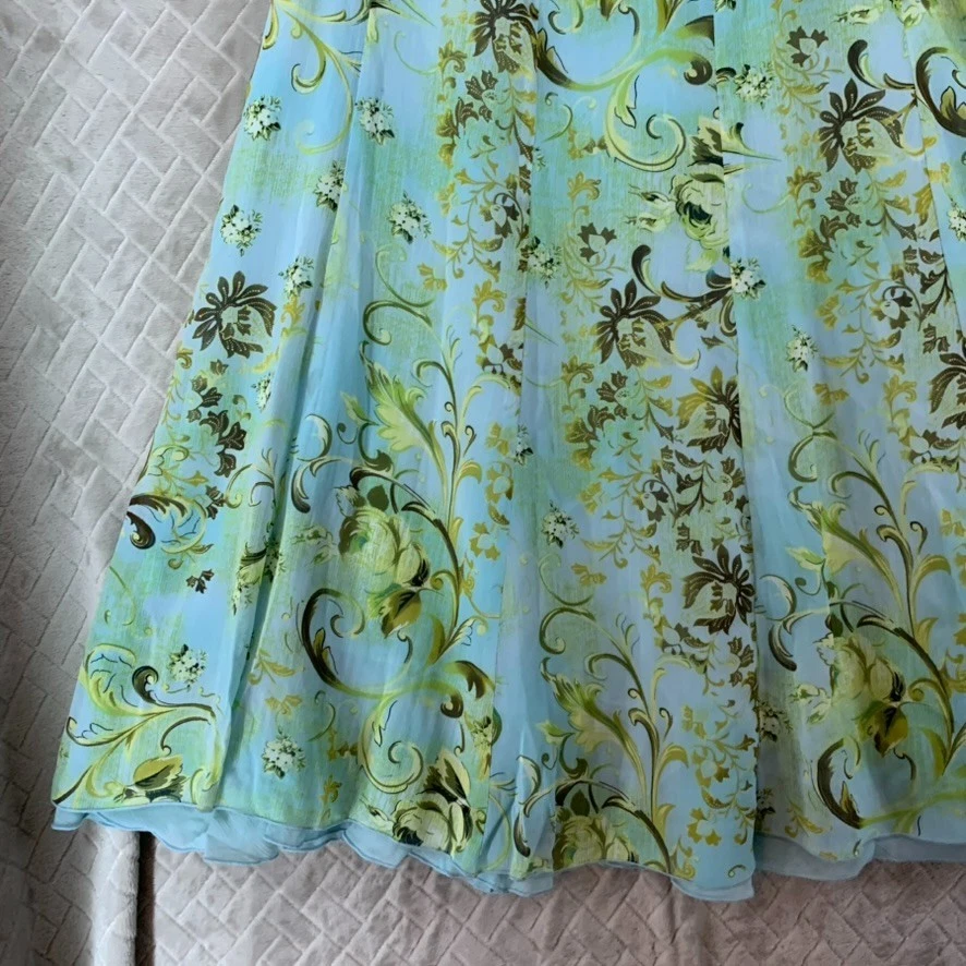Versailles Mujer 10 Falda Azul Gasa Larga Midi Línea A Verde Floral Forrada Foto 3 de 4