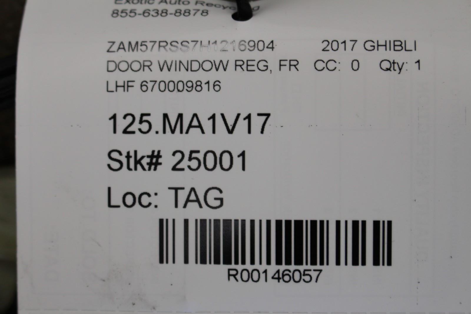 Maserati Ghibli Spyder Front Left Window regulator P/N 670009816
