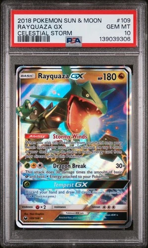 2018 POKEMON SUN & MOON CELESTIAL STORM #109 RAYQUAZA GX PSA 10