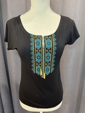 Women  s Black Embroidered Ukrainian Vyshyvanka Style Top   Short Sleeve