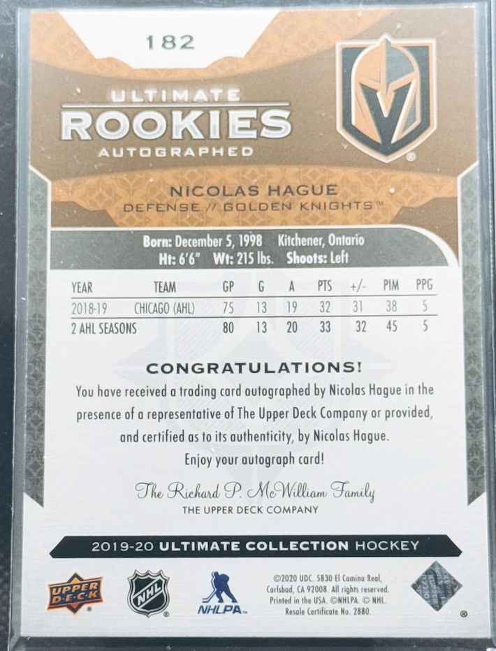 2019-20 Ultimate Collection Nicolas Hague /299 Ultimate Rookies Auto #182 Vegas - Image 3 of 3