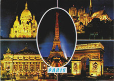 Paris France Night Eiffel Tower Notre Dame Arc de Triomphe Postcard 2007
