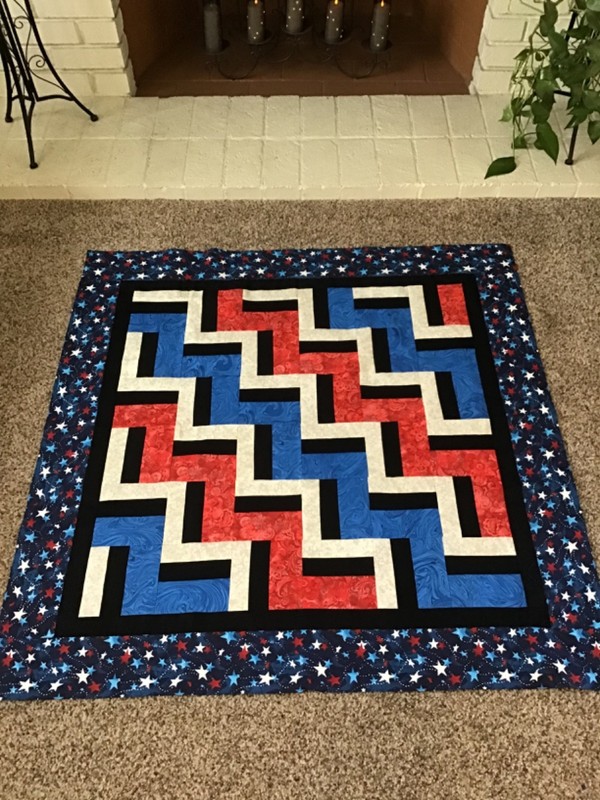 Homemade Unfinished Quilt Top~Patriotic Zig-Zag~Star Boarder~44-1/2” x  44-1/2”
