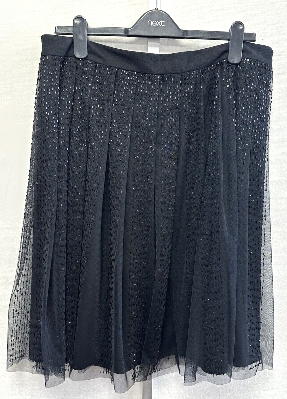 NEW! Kaliko UK16 Eur44 US12 black pleated mesh skirt with beads and sequins