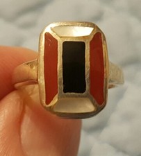 Onyx, Coral, and Mother of Pearl in Sterling Silver Ring Size 5.75