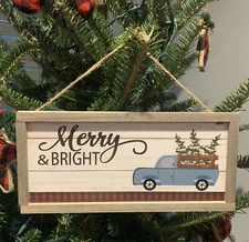 MERRY & BRIGHT Blue Truck Christmas Tree Mini Wall Hanging Plaque - New