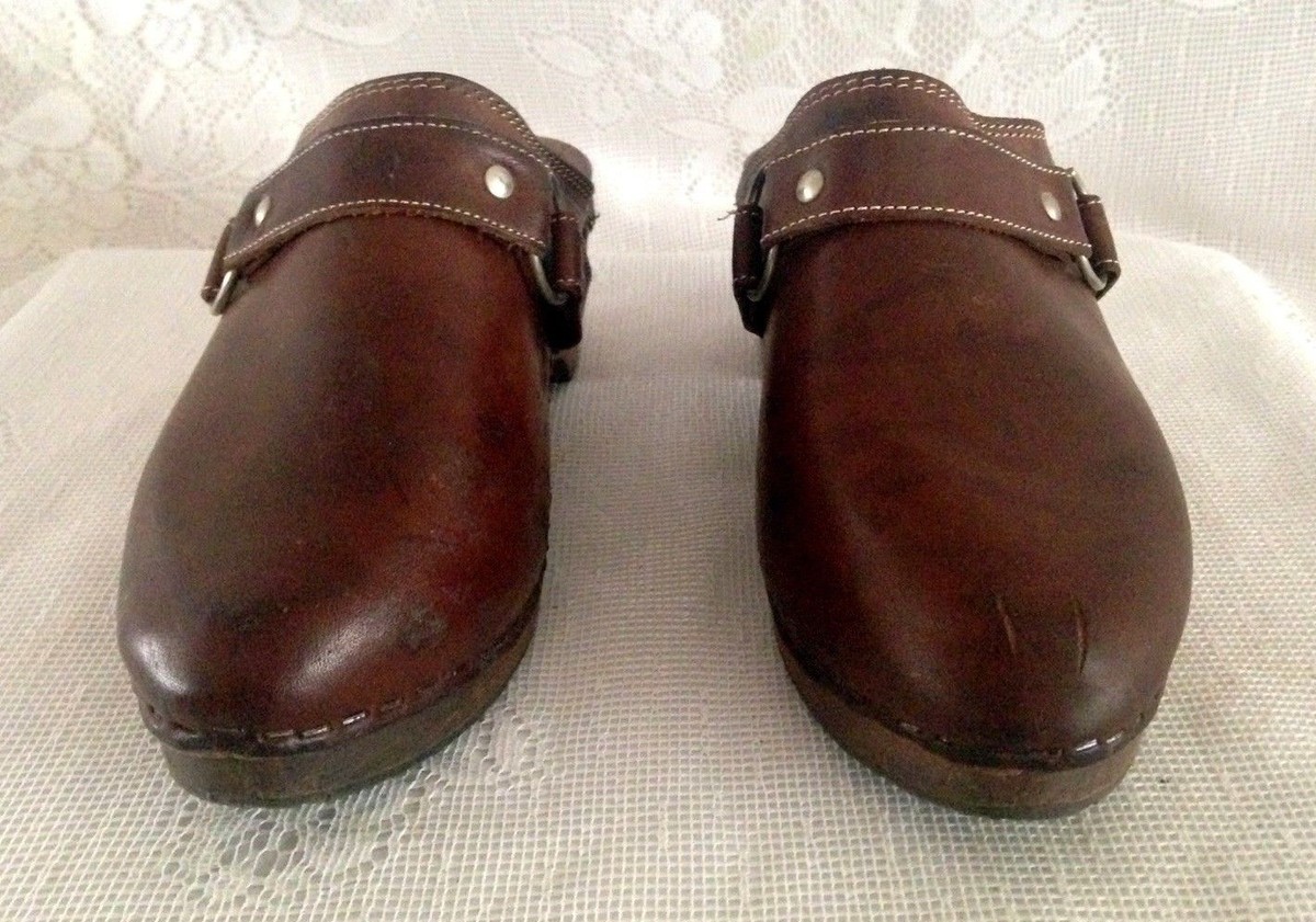 Sabots Vintage Dolcis Années 70 - Bois Et Cuir, Talon Compensé, Taille US 7 Femme - Marron - Occasion