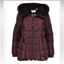 CANADA Weather Gear - women’s Sherpa lined Puffer hooded Coat Burgundy/ black L
