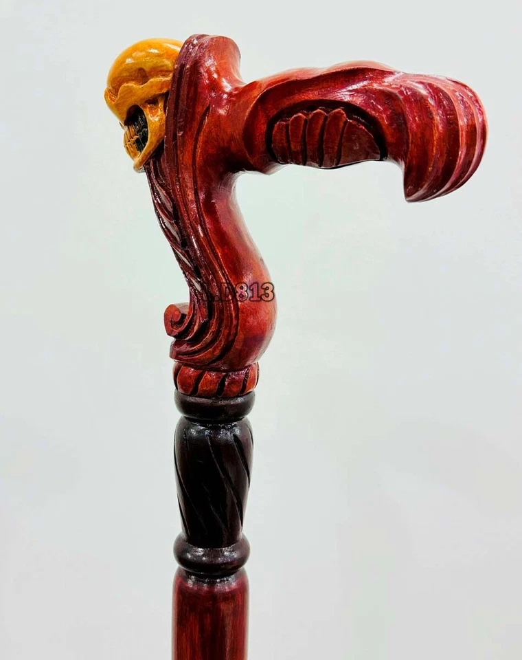 Bastón de madera cara calavera color amarillo náutico bastón tallado a mano hecho a mano Foto 4 de 4