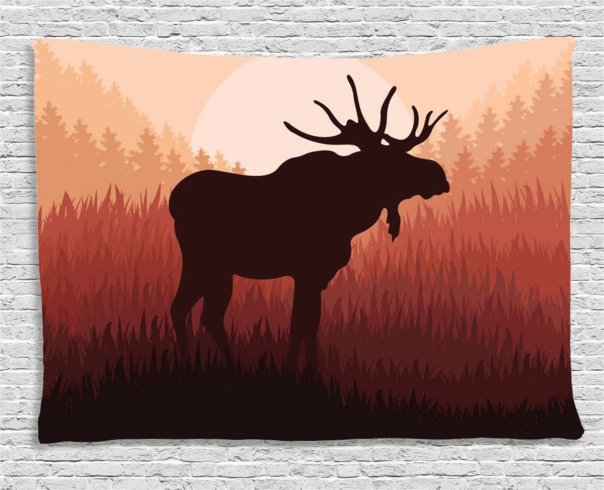 Moose Tapestry Red Forest Antlers Deer Print Wall Hanging Decor 60Wx40L Inches