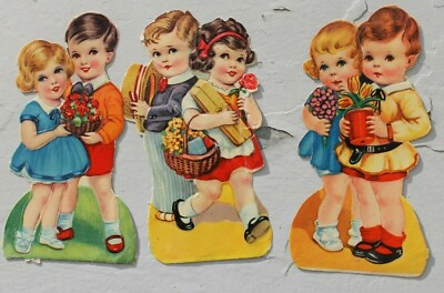 2695 3 Glanzbilder Chromos Oblaten Kinder mit Blumen um 1900