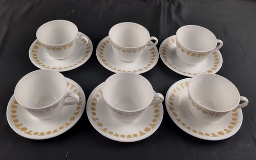 (Set of 6) Vintage Corelle Butterfly Gold Coffee Tea Cups and Saucers