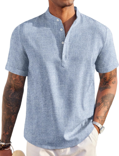 Men'S Linen Henley Shirt Short Sleeve Casual Summer Beach Hippie T Shirts