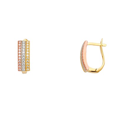 Ioka - 14K Tri Color Gold 3 Row CZ Stone Fancy Huggies Hinged Earrings