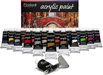COLORE Acrylfarben Set 48 Farben, je 22 ml.Tubenpresse Tuben Farbe Malen Künstlerfarbe
