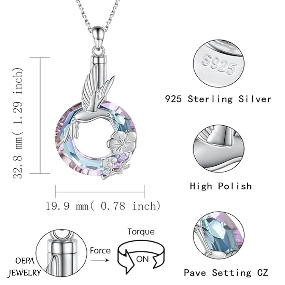 Collar colgante de cremación de urna de colibrí de cristal de plata de ley 925 para mujer Foto 4 de 4