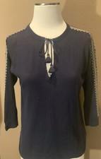 Ann Taylor Loft XSP Navy Blue 100 Cotton Lux Sweater W Ivory Embroidery