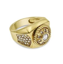 10k Yellow Gold Mens Signet Round Ring CZ Band