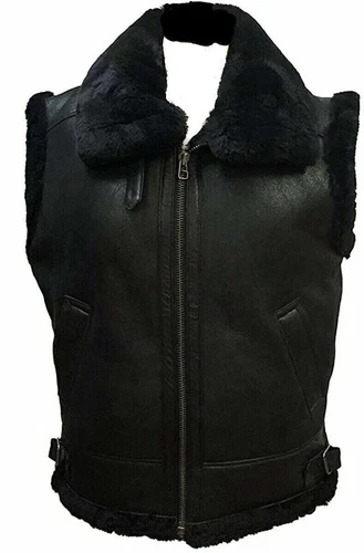 Black Aviator RAF B3 Faux Shearling Bomber Real Sheepskin Leather Fur Vest Men's