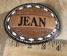 Vtg Tooled Leather Western Belt Buckle name JEAN custom Big 4  cowboy