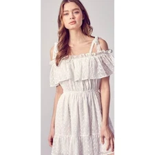 DO+BE Large White Floral Eyelet Embroidered Off Shoulder Ruffle Mini Dress #164