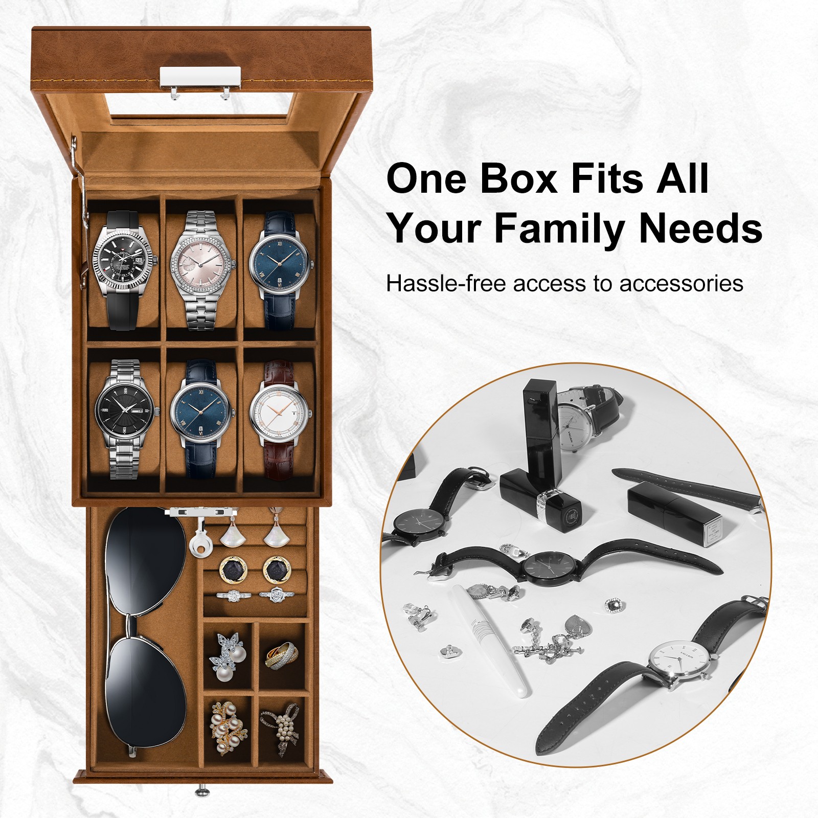 6/8/12/20-Slot 2-Layer Watch Box, PU Leather, Glass Window,Jewelry display case