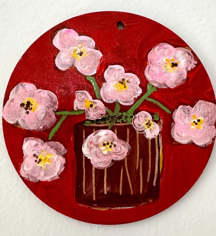 Original Mini Painting, round abstract mini Florals, Acrylic, wood, Impasto,3.5"
