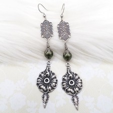 Silver Flower Earrings, Dark Green Pearl Jewelry, Long Bohemian Dangle Jewelry