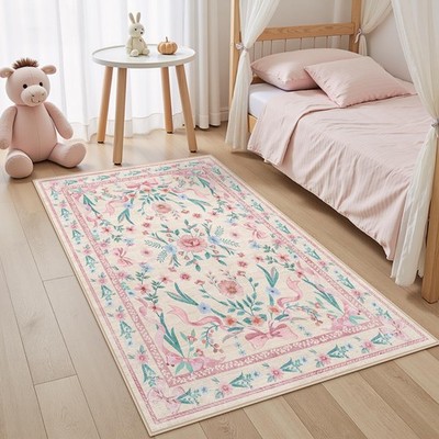 Pink Floral Rug 3x5 for Girls Bedroom or Nursery, Cute Bow 3 x 5 ft, 