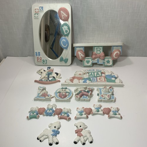 12 p Vintage HomCo Nursery Wall Shelf Set Babys Decor ABC Bunny Balloons Bows
