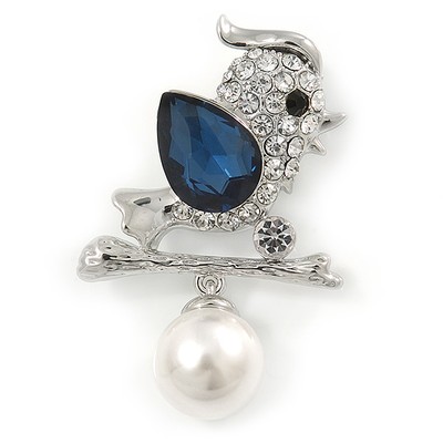 Rhodiniert, Montana Blue CZ, klar Kristall Spatz Vogel Brosche - 44 mm quer