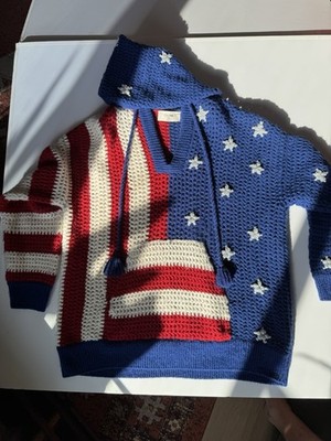 Celine V-Neck Knit Pullover Sweater S/M Alpaca Wool Flag Stars Blue Red
