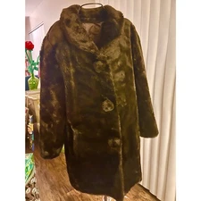Faux Fur Brown Winter Coat, Lined, Size L, Pompom Buttons, Pockets, Brand New!