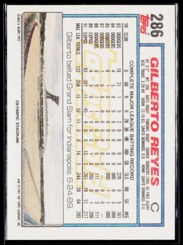 Gilberto Reyes - 1992 Topps Gold Winners #286 - Montreal Expos - Afbeelding 2 van 2