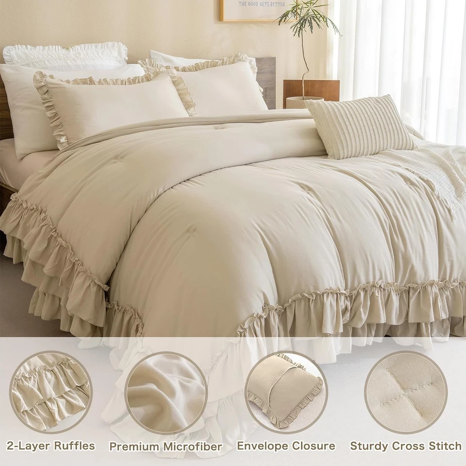 Masaca Twin Comforter with Ruffles,Shabby Boho Chic Ruffle Twin, Wheat - Image 2 of 4