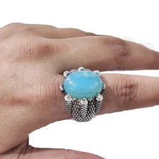NATURAL BLUE CHALCEDONY GENUINE BIRTH 925 STERLING SILVER HEAVY MENS RING