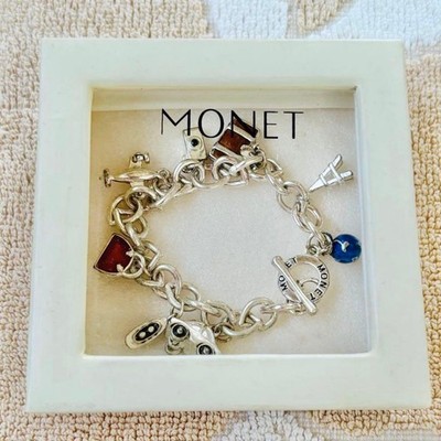 Vintage Monet Travel Themed Chime Bracelet Silver Color Used