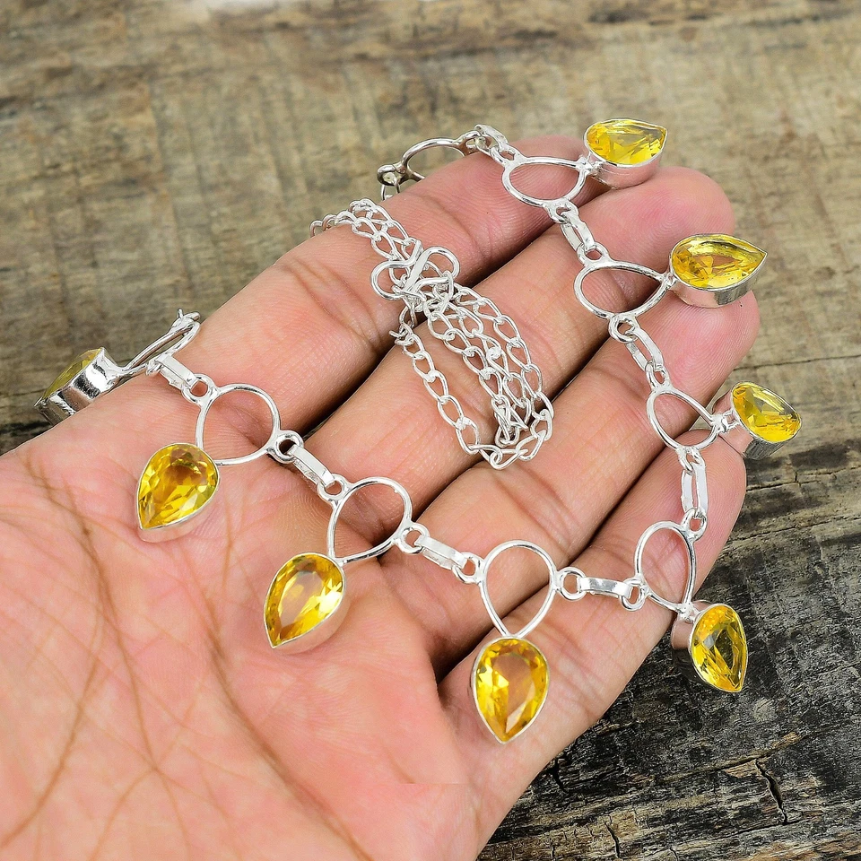 925 Argento Sterling Giallo Citrino Gemma Mano Gioielli Collana Per Regali - Immagine 4 di 4