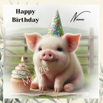 Personalisierte Grußkarte SCHWEIN Cupcake Bauernhof Tor Party Hut Baby Happy Birthday