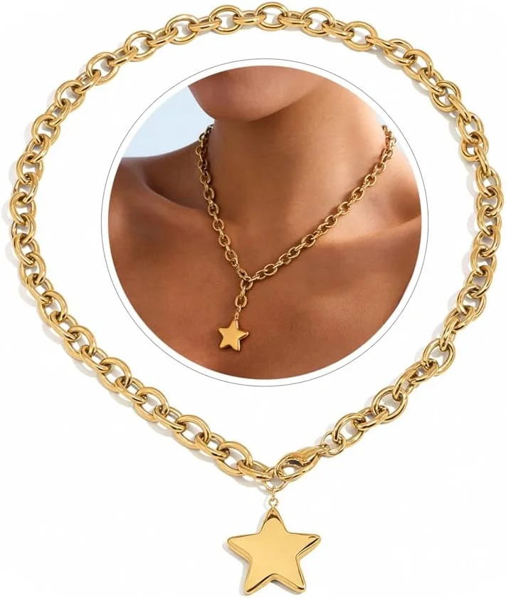Chunky Gold Necklace with Star Pendant for Women,18K Gold Plated Stainless Steel