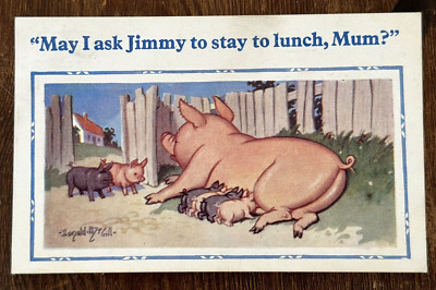 Vintage Donald McGill Comic Postkarte um 1952 - Ferkel essen mit Mama zu Mittag?