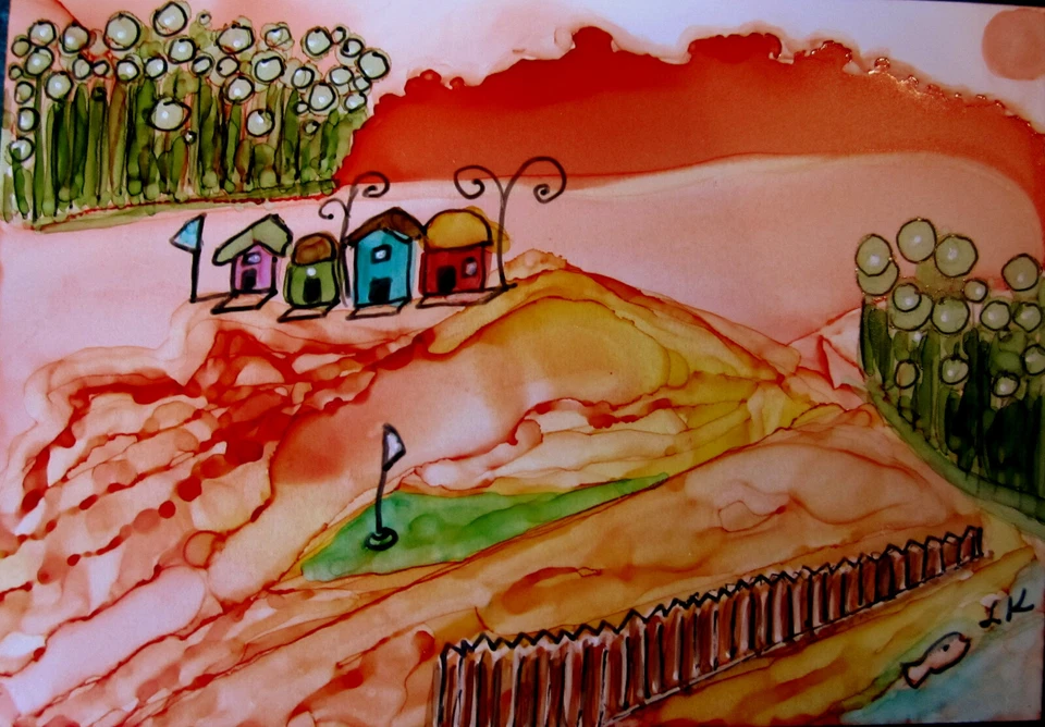 Aceo art PRINT little houses golf course by Lynne Kohler 2.5x3.5" - Image 1 of 1
