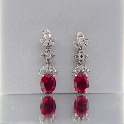 2.50Ct Oval Cut Simulated Red Ruby Pretty Drop Earrings In 14k White Gold Plated