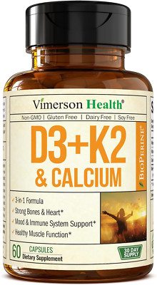 Vitamin D3 + K2 & Calcium Supplement with Bioperine, Immune & Bone, 60 Capsules