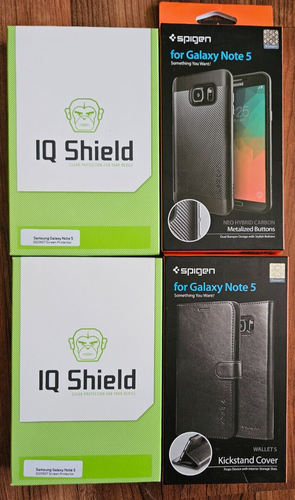 Galaxy Note 5 - Hybrid Carbon Case + Leather Wallet Case + 2 IQ Shield Protector