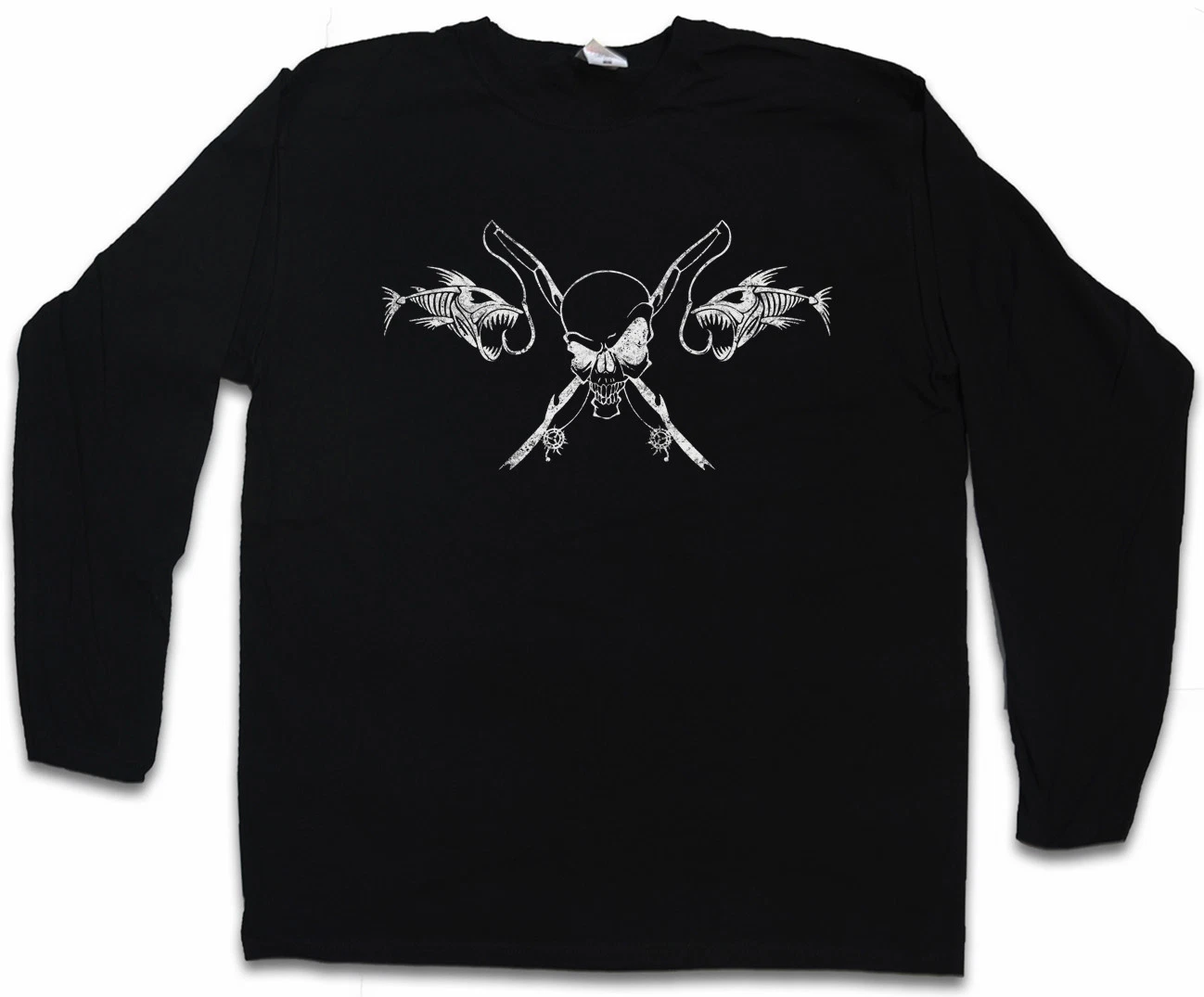 FISHING SKULL LONG SLEEVE T-SHIRT Fishing Fisher Rod Pole Bone River and Line