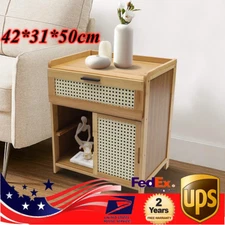 Nightstand Bamboo End Table Bedside Table w/Drawer & Shelf Bohemian Storage Rack