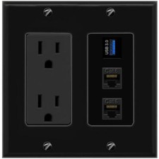 3 Ports 2 CAT6 USB-3 Black Wall Plate with 15A Power Outlet